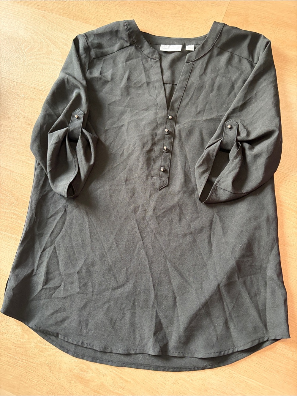 New York & Company Black Roll-Tab Henley Blouse